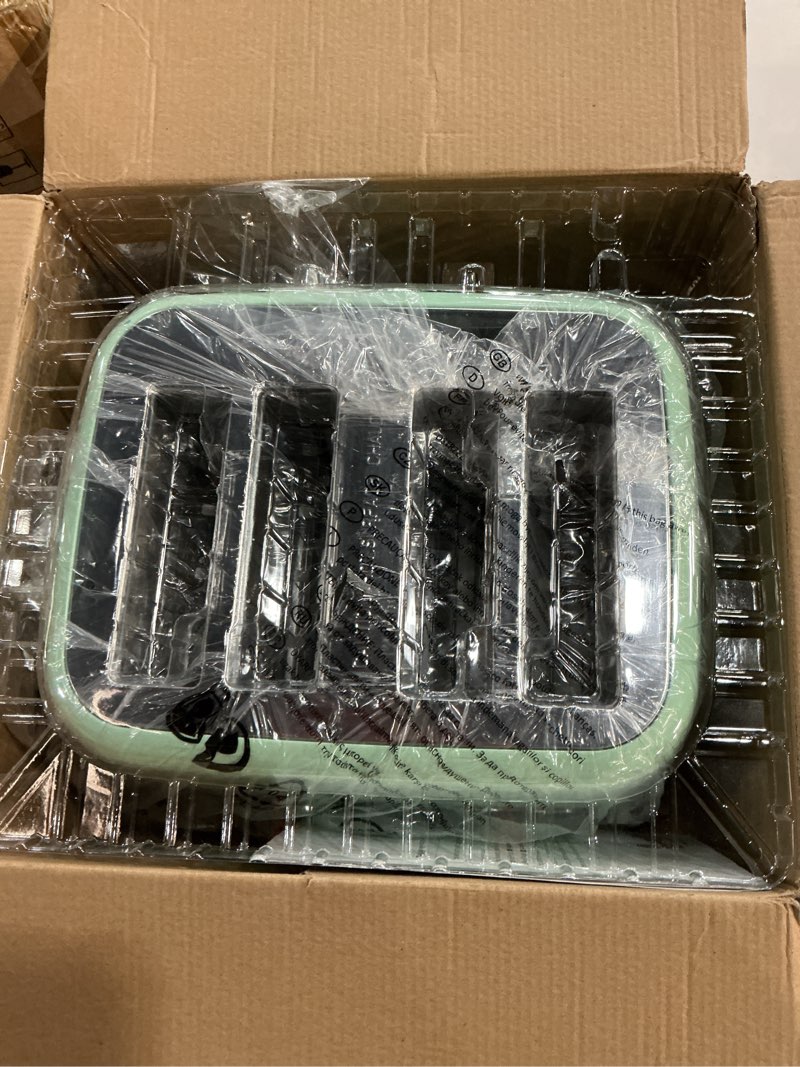 Condition photo showing As Is for Roter Mond Toaster 4 Slice Retro Stainless Steel with Extra Wide Slots Bagel, Defrost, Reheat Function, Dual Independent Control Panel, Removable Crumb Tray, 6 Browning Levels, Aqua Green Mint Green