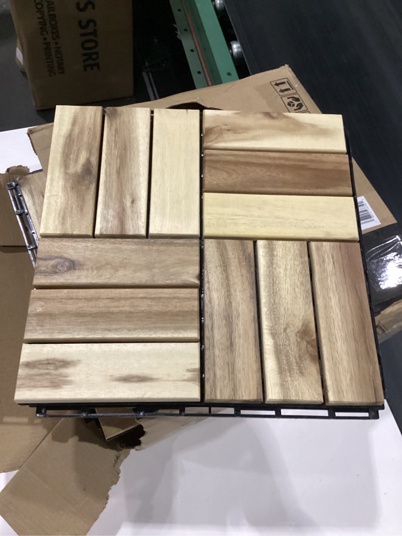 Condition photo showing New/Like New for premium deck tiles, 10 pcs patio flooring - white - crossed pattern | square joints - interlocking deck tiles, 12"x12"x0.9" waterproof acacia wood for balcony, backyard, indoor & outdoor white set 10 - crossed pattern