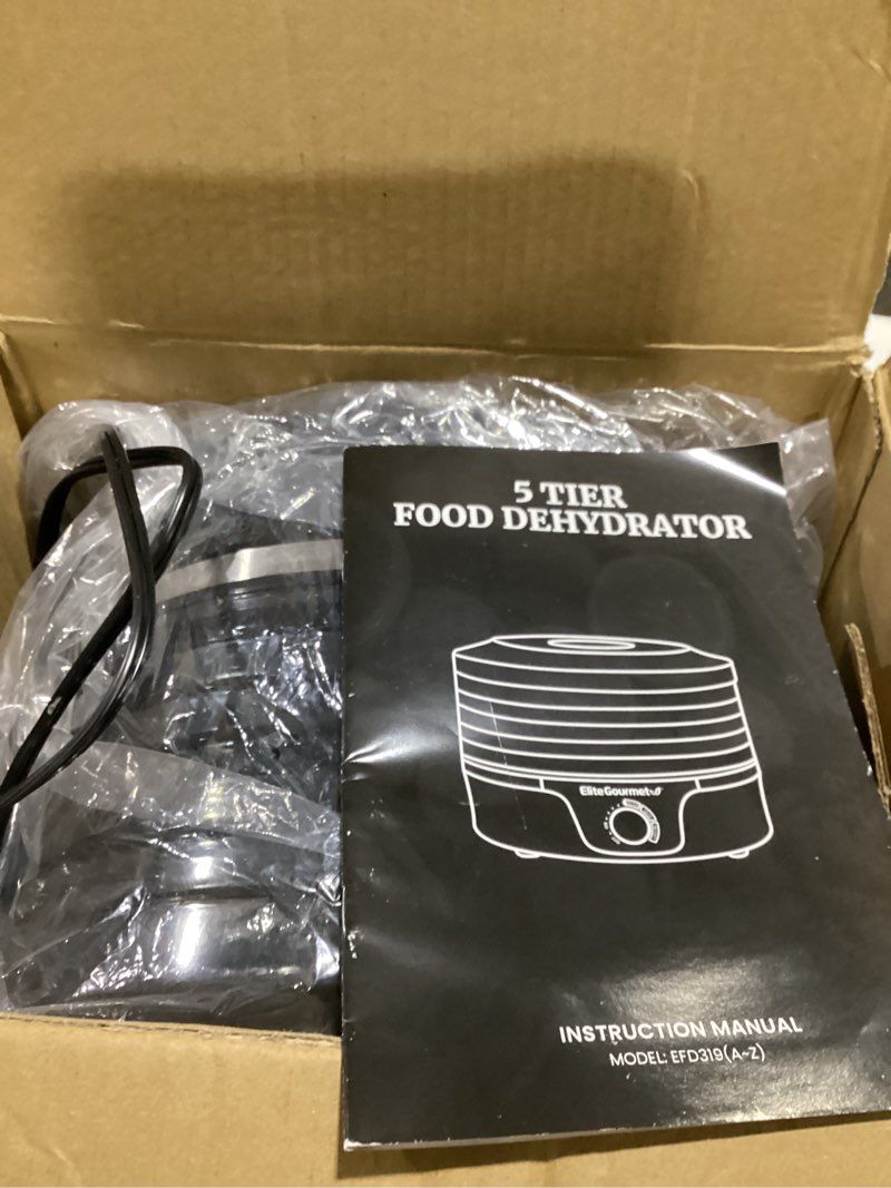 Condition photo showing As Is for elite gourmet efd319 food dehydrator, 5 bpa-free 11.4" trays adjustable temperature controls, jerky, herbs, fruit, veggies, dried snacks, black