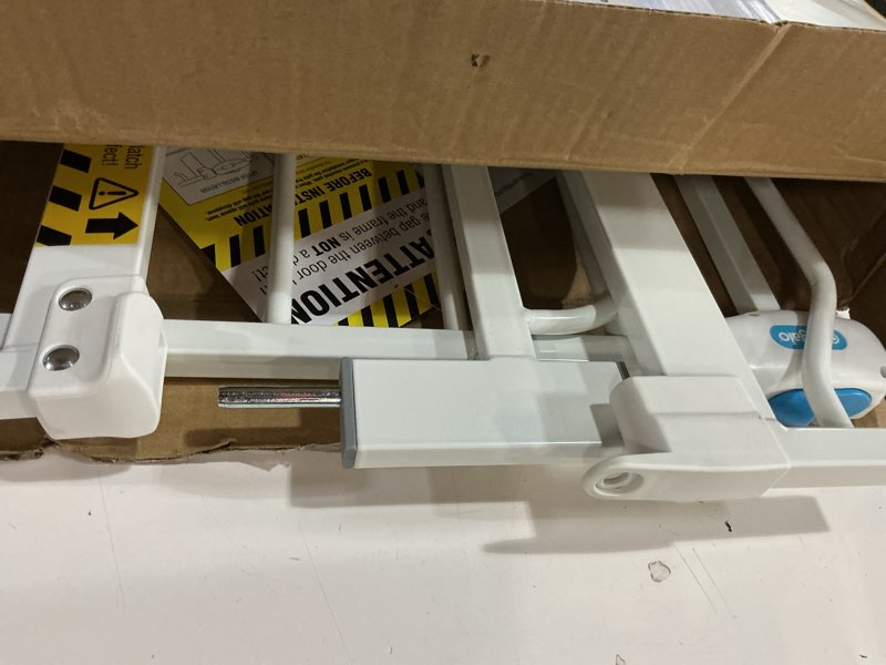 Condition photo showing As Is for regalo safety 29-38.5" baby gate for doorways & bottom of stairs, pressure mounted baby gate with door for babies, toddlers & pets, tested & safe for 30 years, american designed, american owned, white white 29-38.5"w x 30"h