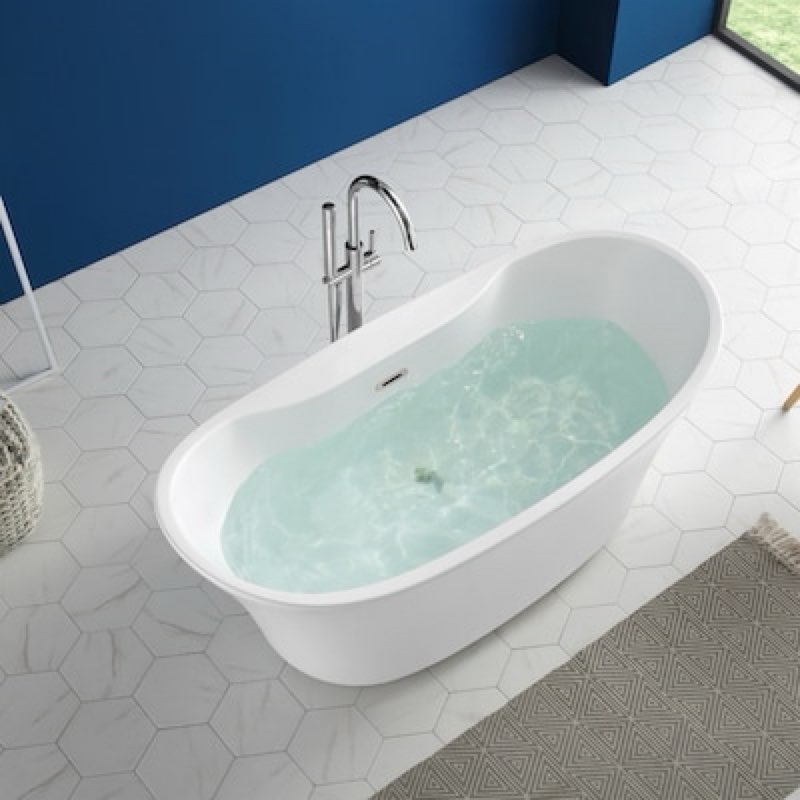 allen + roth canberra 29-in x 60-in gloss white acrylic oval freestanding soaking bathtub with drain ( center drain )