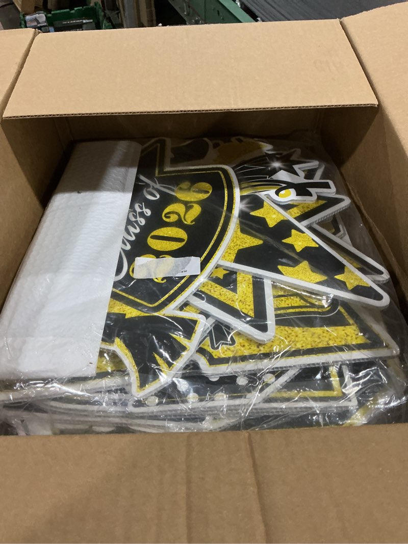 Condition photo showing As Is for 15 pcs graduation yard signs class of 2026 decorations, 2026 graduation decorations - large 4ft tall congrats grad lawn sign set with h-stake & fiberglass rods, waterproof outdoor & indoor graduation party decor, black and gold graduation yard sign? gold?