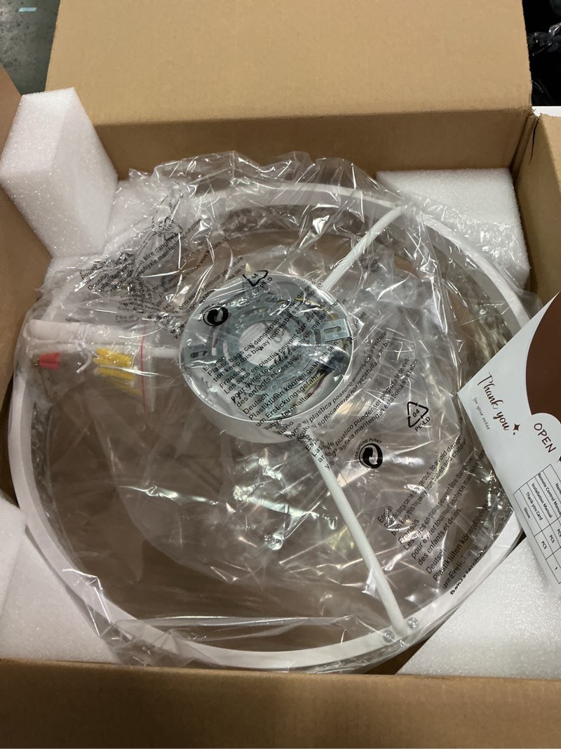 Condition photo showing New/Like New for Ceiling Fans with Lights, Flush Mount Ceiling Fan with Lights and Remote, 6 Wind Speeds Low Profile Smart Ceiling Fan for Bedroom, Kids Room, Kitchen and Small Room 20" Pearl White 20 inch