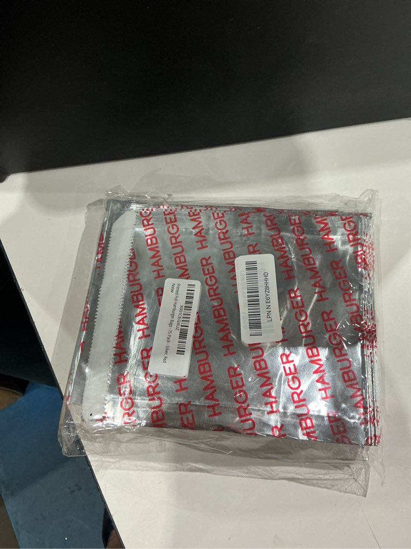 Condition photo showing Good Condition for printed foil hamburger bags - 75 pack - silver, red