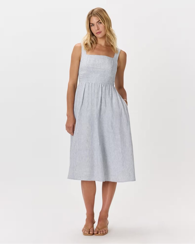 Quince 100% European Linen Fit & Flare Midi Dress size M blue pinstripe 