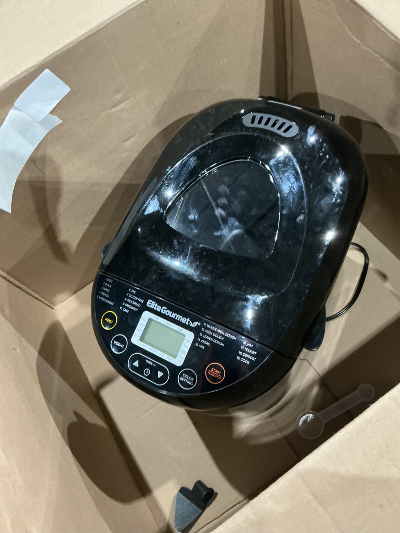 Condition photo showing Good Condition for elite gourmet programmable bread maker, 2 lb loaf, 3 sizes, 19 presets incl. gluten-free, dough & jam, delay timer, black