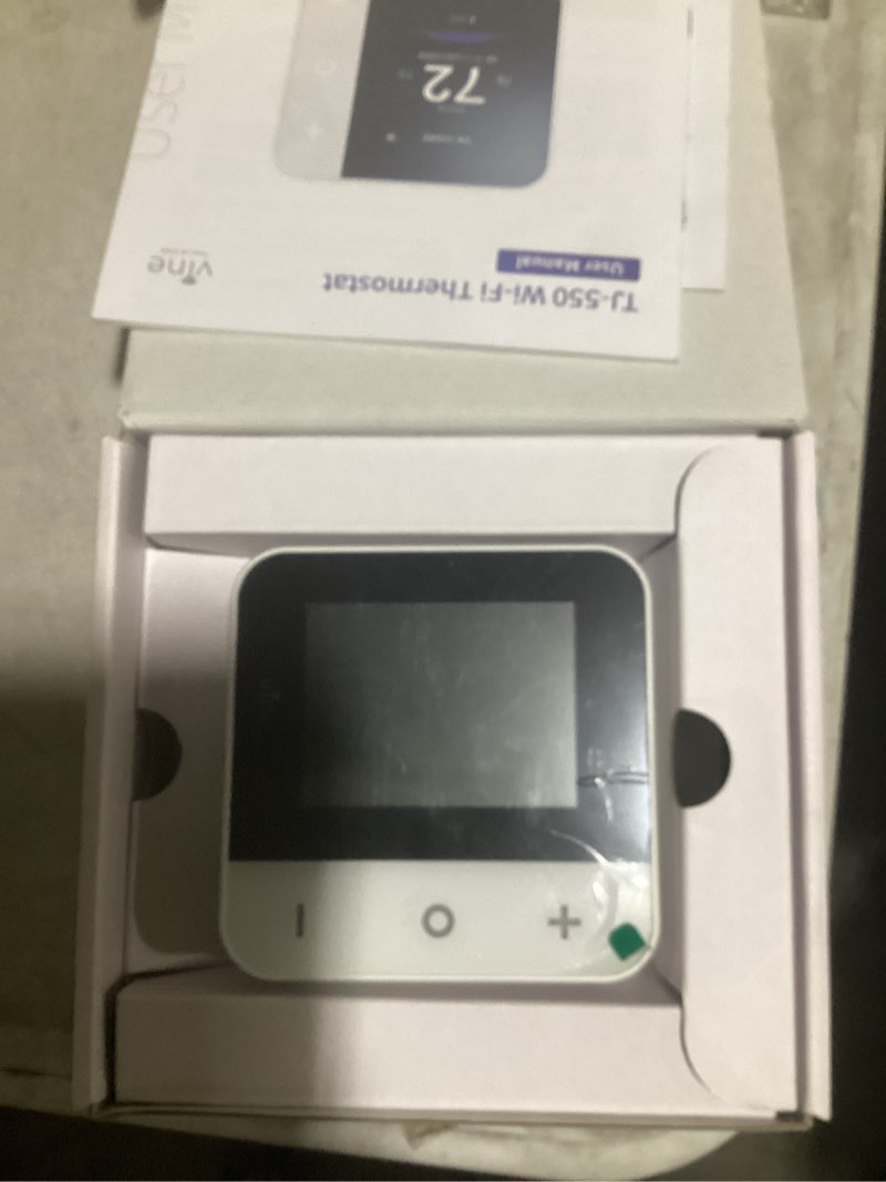 Condition photo showing As Is for vine smart thermostat for house, wifi thermostats for home compatible with alexa and google assistant, 7day x 8period programmable, energy star certified, c-wire required screen 2.8"