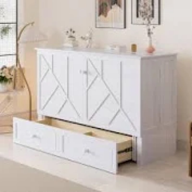 Loon Peak Queen Murphy Bed Cabinet With Large Storage Drawer & Charging Station, Foldable Panel Design, Space-saving Cube Cabinet Bed Frame for Guest Room, Living Room, Office ( Mattress Included)