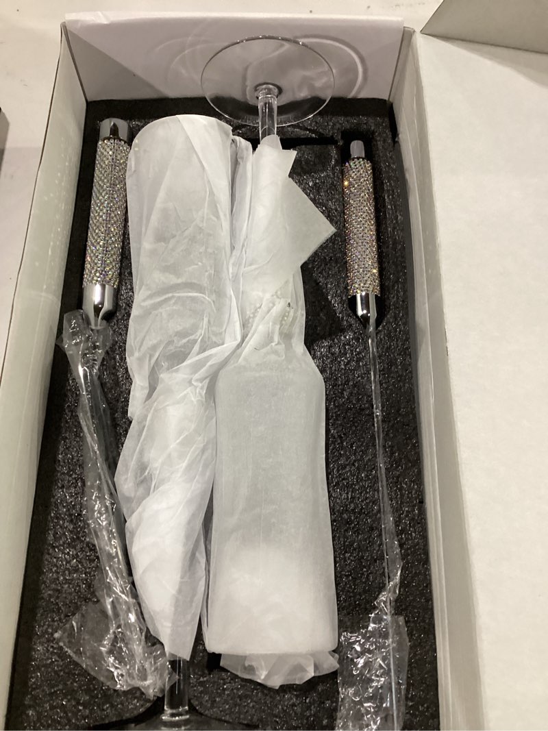 Condition photo showing Good Condition for wedding cake knife and server set, mr and mrs champagne flutes glasses for bride and groom decorated with colorful rhinestones, wedding gifts for newly engaged couple (silver)