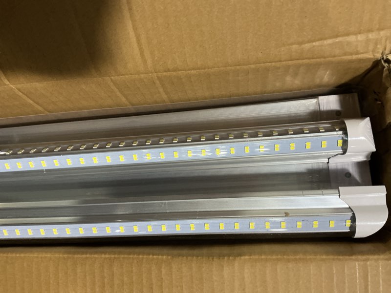 Condition photo showing As Is for shopled (10-pack 8ft led shop light, 120w 6500k cool white, v-shape, 19200lm high output, linkable 8 foot shop lights fixture, t8 led tube light for garage warehouse basement, etl 8ft-120w-10p