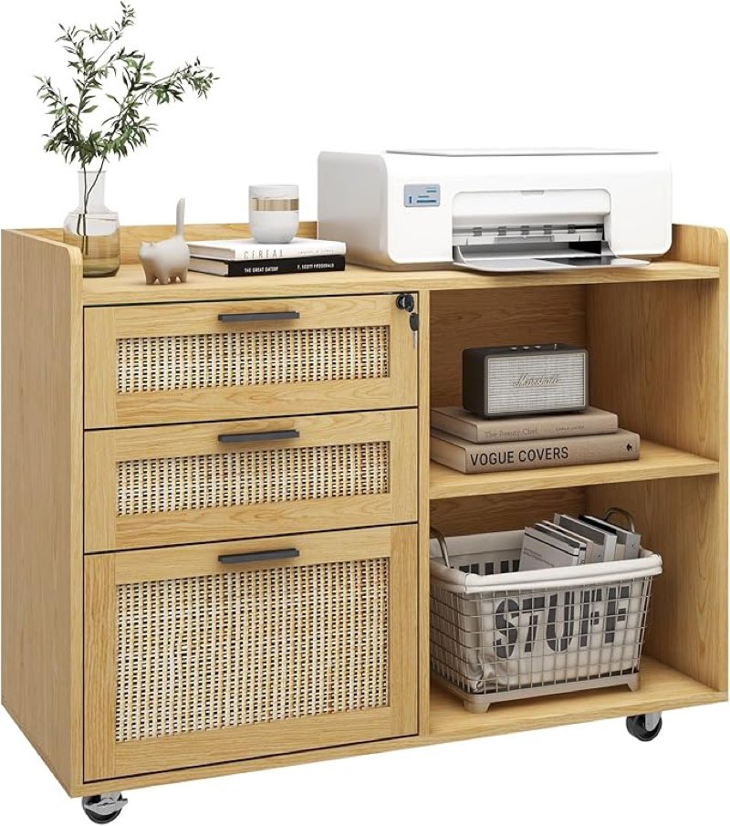 Vabches 3 Drawer Mobile File Cabinet, Wood Lateral Filing Cabinet with Lock Printer Stand with Open Shelves for Home Office Lateral File Cabinet for Hanging Files Letter/A4/Legal Size