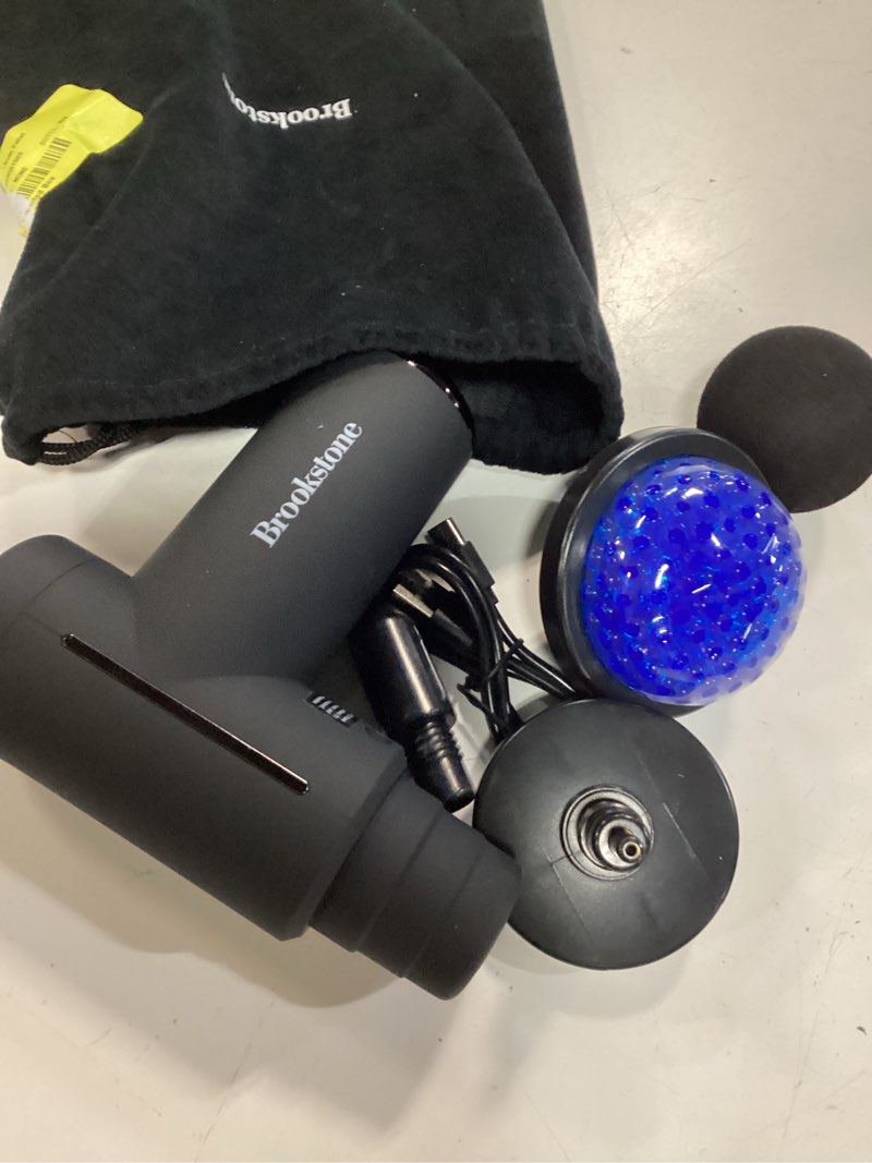Condition photo showing Good Condition for brookstone - handheld percussion massager for deep tissue muscle relief | 6 attachments, rechargeable battery, led display, soothing heat, portable design, hot cold therapy, deep tissue relief black long handle percussion massager