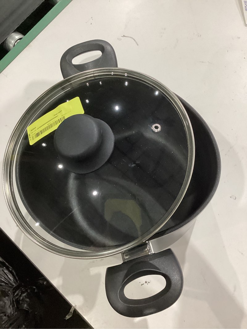 Condition photo showing As Is for mainstays aluminum black non-stick coated 5qt dutch oven with glass lid dishwasher safe easying cleaing