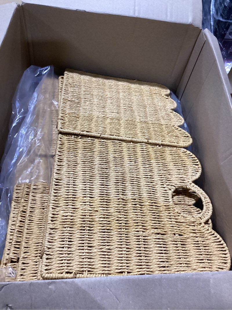Condition photo showing Good Condition for scalloped wicker storage cubes basket, 12”x12“ heavy duty paper rope/hyacinth/seagrass baskets for shelves, foldable natural boho square bins (water hyacinth, 12 x 12 x 12in, 4-pack)