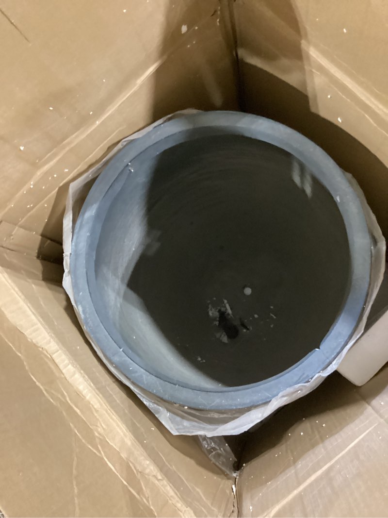 Condition photo showing As Is for kante 21.7" h dark gray concrete tall planter, large outdoor indoor decorative pot with drainage hole and rubber plug, modern round style for home and garden dark gray 21.7"h pots