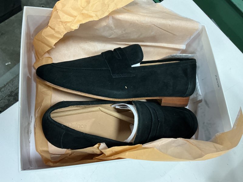 Condition photo showing New/Like New for quince italian suede penny loafer, 7, black