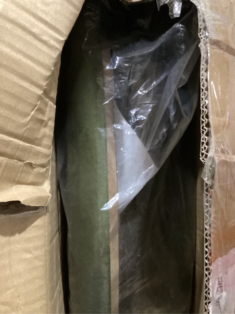 Condition photo showing New/Like New for 23" round velvet storage ottoman with reversible lid, soft padded footrest and hidden storage, large upholstere tray top ottoman footstool for living room, bedroom, entryway, olive grreen 23"d x 23"w x 17"h olive