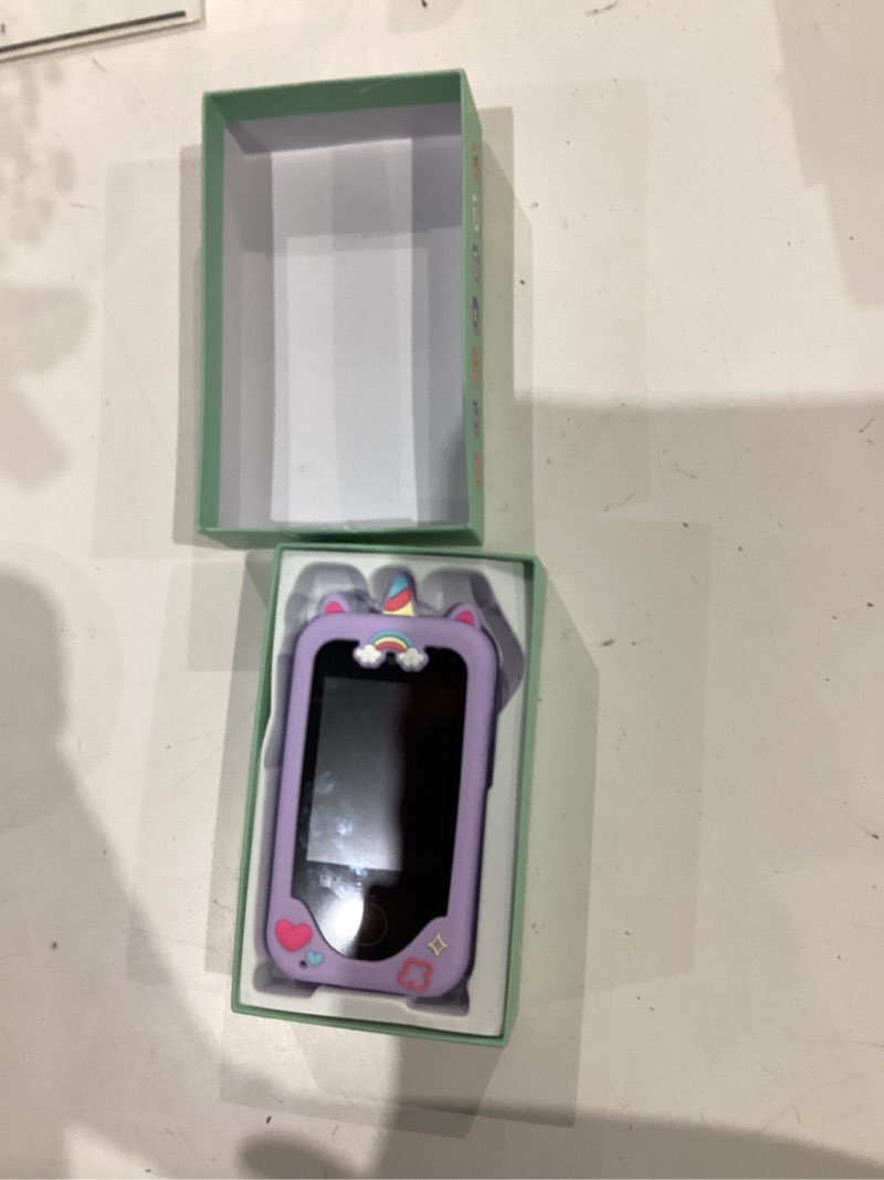 Condition photo showing As Is for kids smart phone for girls, christmas birthday gifts for girls age 3-10 kids toys cell phone, 2.8" touchscreen toddler learning play toy phone with dual camera, game, music player, 8gb card purple light purple