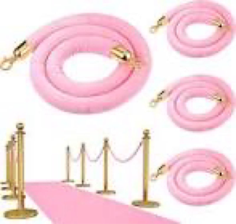 stanchions with velvet ropes set, 5 ft velvet ropes and posts, stainless steel barriers for crowd control barriers, party supplies, exhibition (black-8pcs) 8 pcs pink