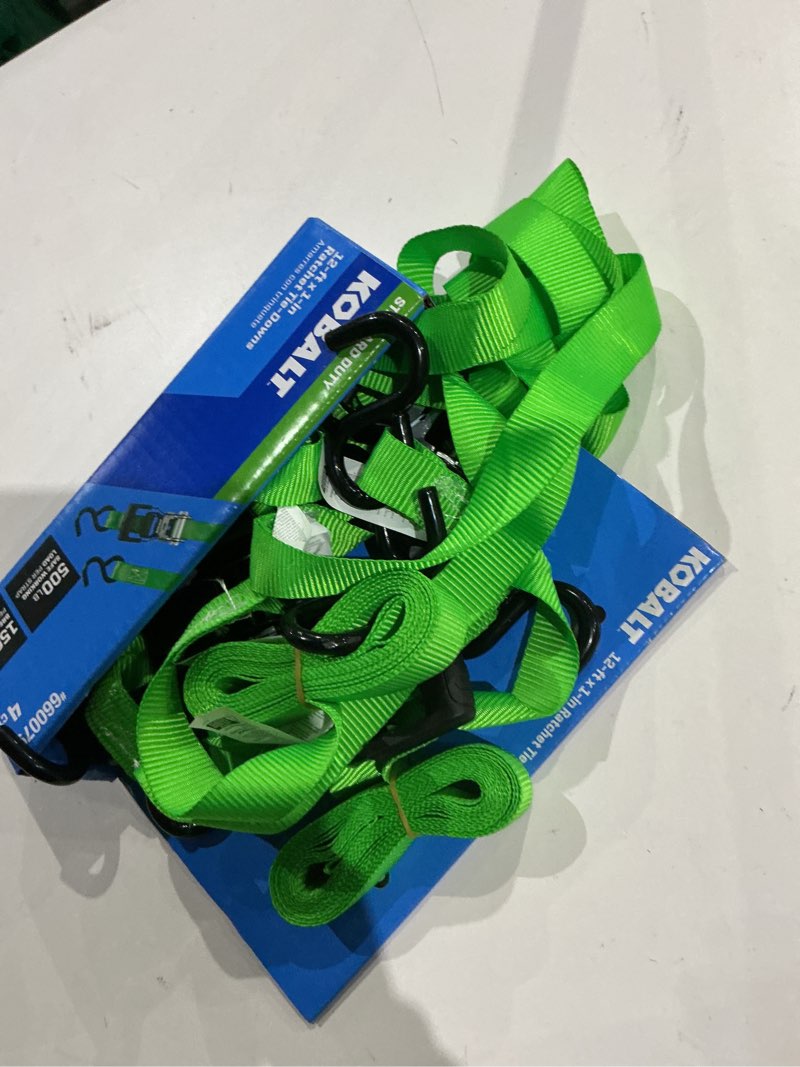 Condition photo showing As Is for kobalt 1-in x 12-ft ratcheting strap tie down with s-hook 1500-lb break strength (4-pack)