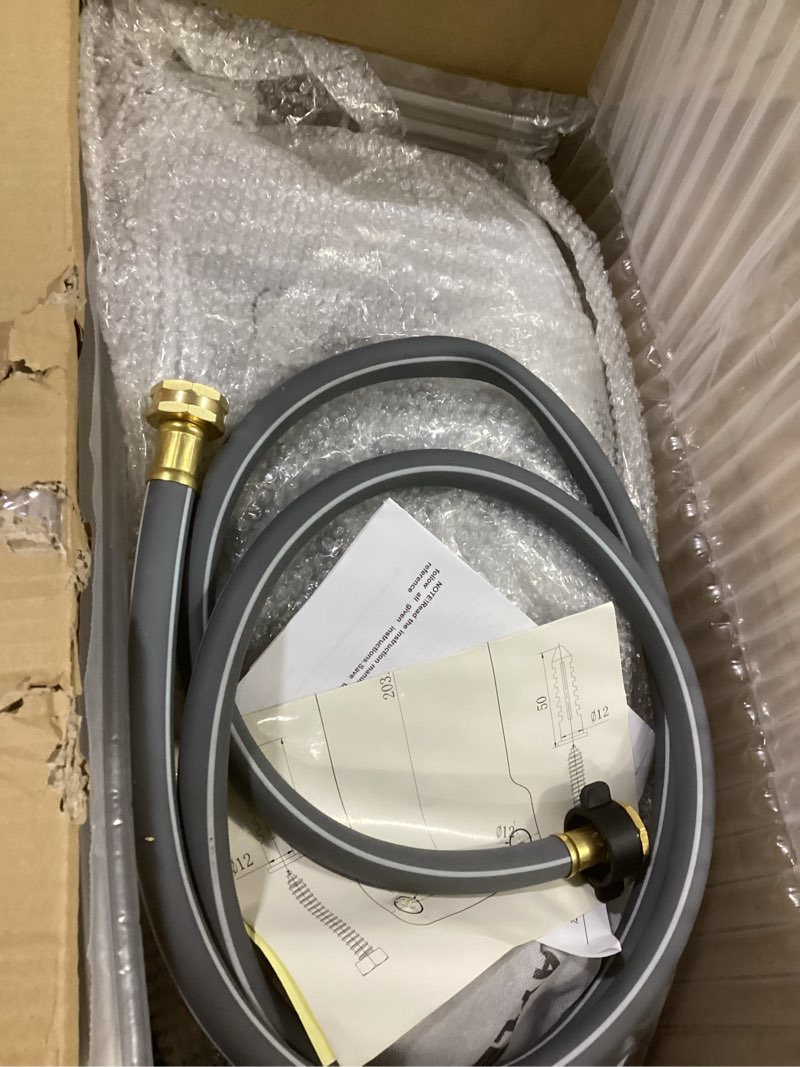 Condition photo showing As Is for ayleid retractable garden hose reel,5/8 in x 100 ft wall mounted hose reel, with 9- function sprayer nozzle, any length lock/slow return system/wall mounted/180°swivel bracket (gray) light gray 5/8 100ft