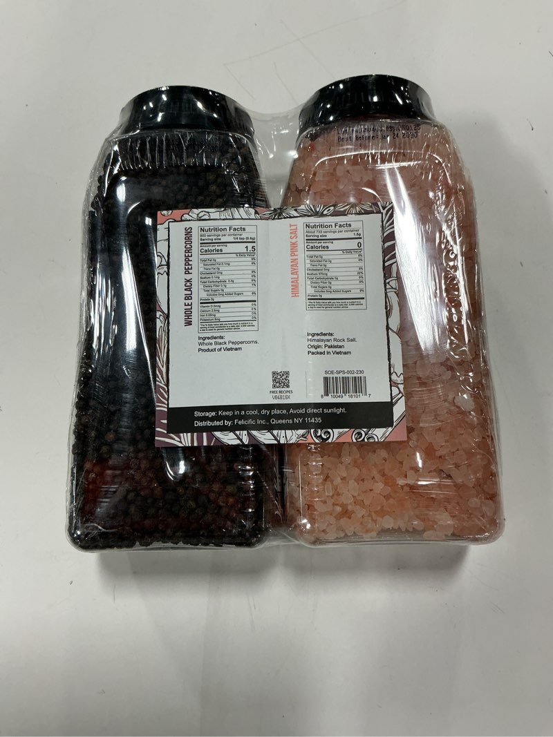 Condition photo showing New/Like New for BEST BY:JAN/24/2030) Soeos Himalayan Pink Salt 39 oz + Whole Black Peppercorns 18 oz, Coarse Grain, Kosher Salt for Grinder Refill, Salt and Pepper Grinder, Non-GMO Verified, Spice Seasoning Set for Cooking Pink Salt + Black Peppercorns 57 Ounce (Pack of 1)