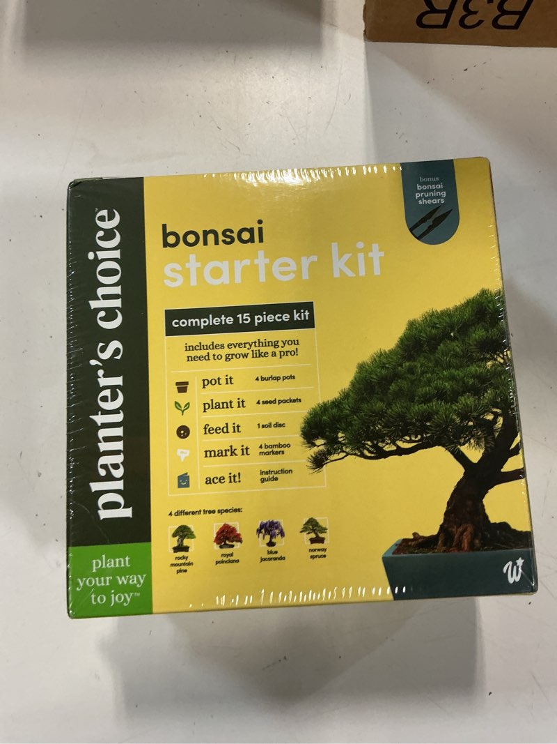 Condition photo showing New/Like New for planter's choice bonsai tree kit for beginners & plant lovers - grow your own bonsai from seed, 4 species starter kit with burlap pots, shears, soil disc, markers & guide, gift for mom or grandma