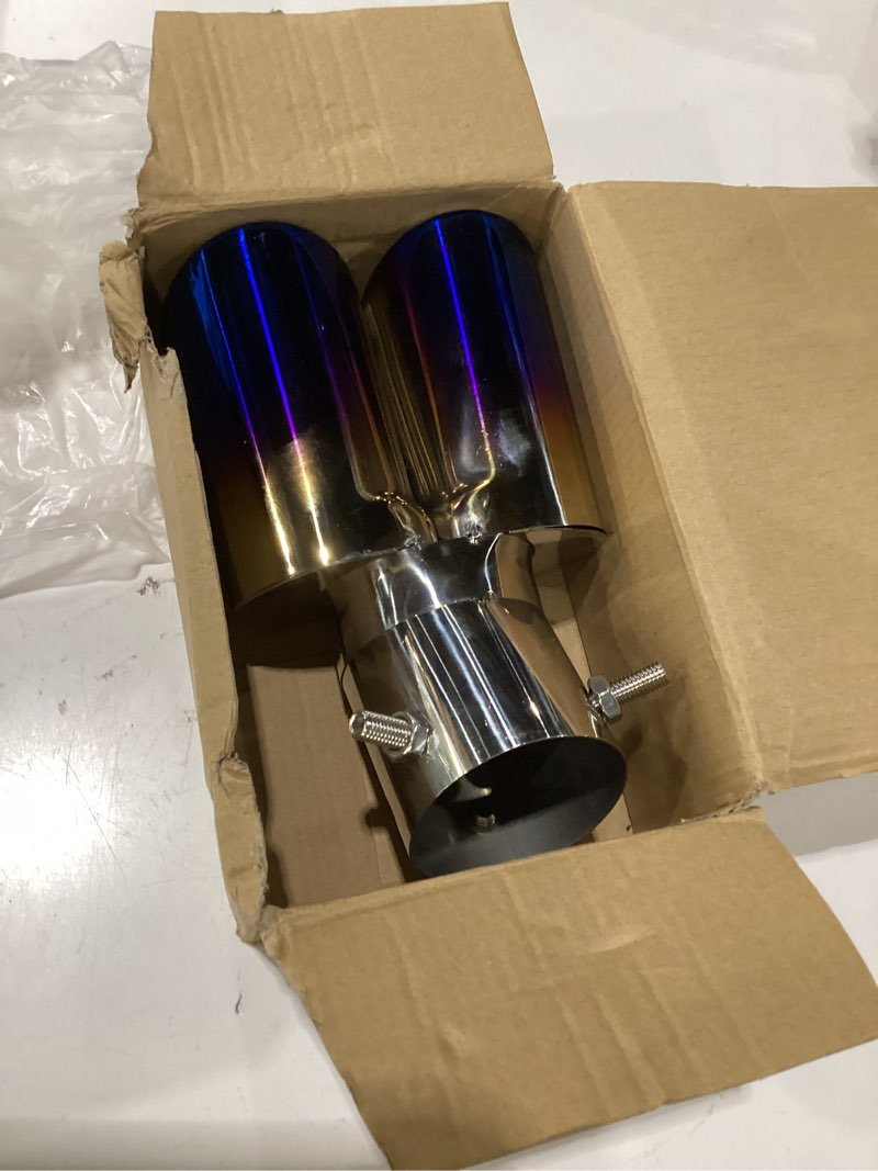 Condition photo showing Good Condition for dual exhaust tips, stainless steel car muffler exhausts with bolt, 2.48" double outlet bending auto tail pipe muffler tip, universal car exhaust pipe modification accessories (baked blue)