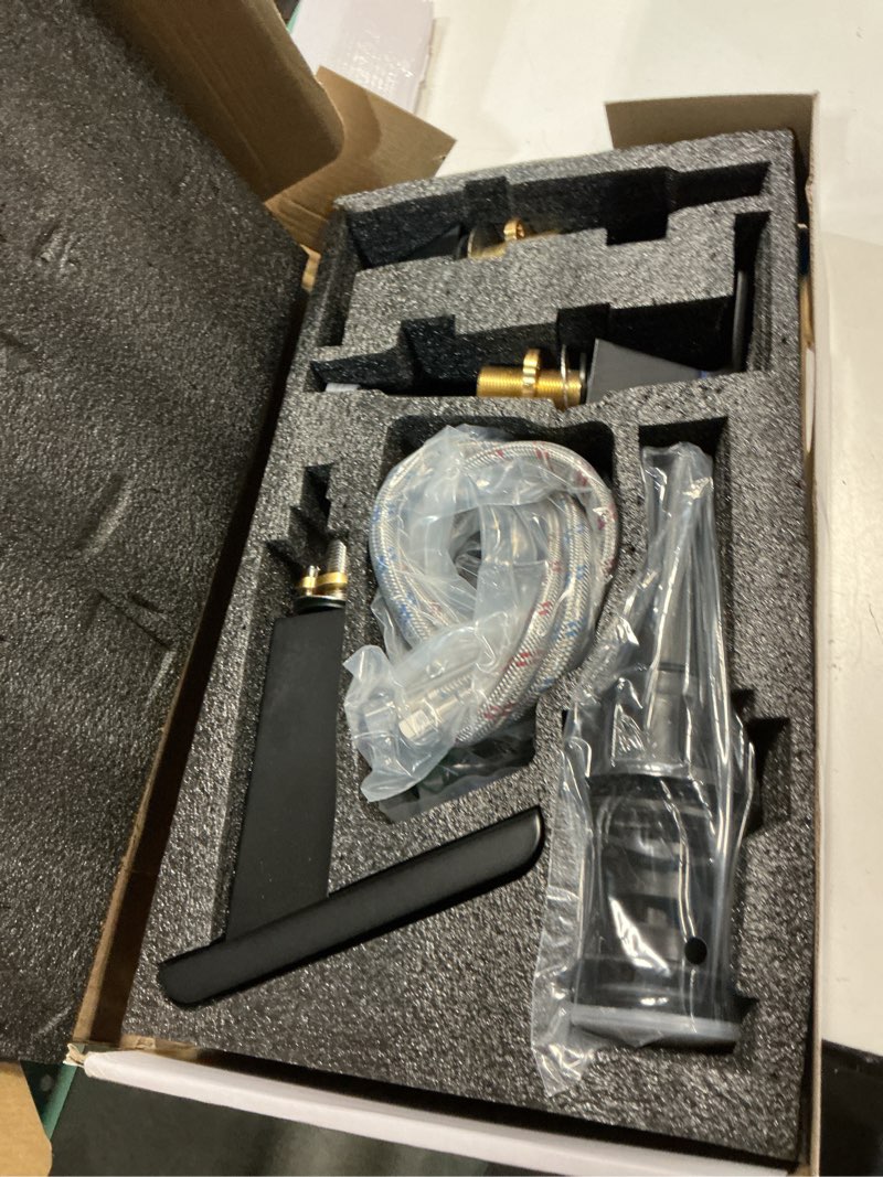 Condition photo showing As Is for matte black bathroom faucet 3 holes two handles lavatory vanity sink faucet widespread 8 inch waterfall with supply hoses stainless steel contemporary a - black