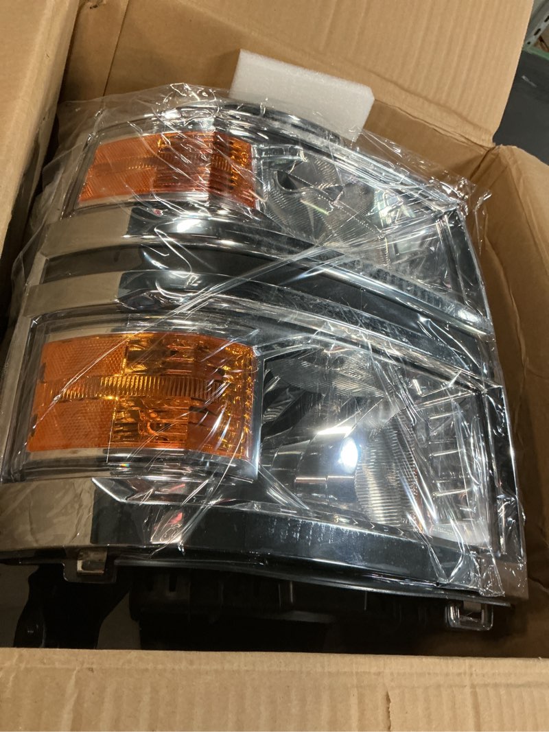 Condition photo showing Good Condition for headlights assembly for 2014-2015 chevy silverado 1500 halogen factory oe style headlamp driver & passenger side, chrome housing amber corner chrome amber