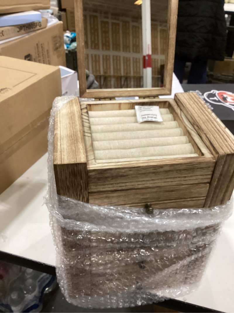 Condition photo showing item condition for Meangood Jewelry Box Wood for Women, 5-Layer Large Organizer Box with Mirror & 4 Drawers for Rings, Earrings, Necklaces, Vintage Style, Torched Wood 5 Layer 5 Layer Carbonized Black