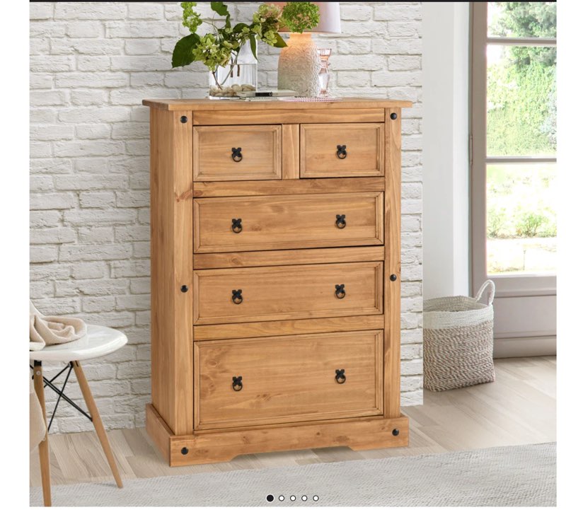 Enye Farmhouse Wide Dresser 5 Drawer Chest For Bedroom, Solid Wood Rustic Style