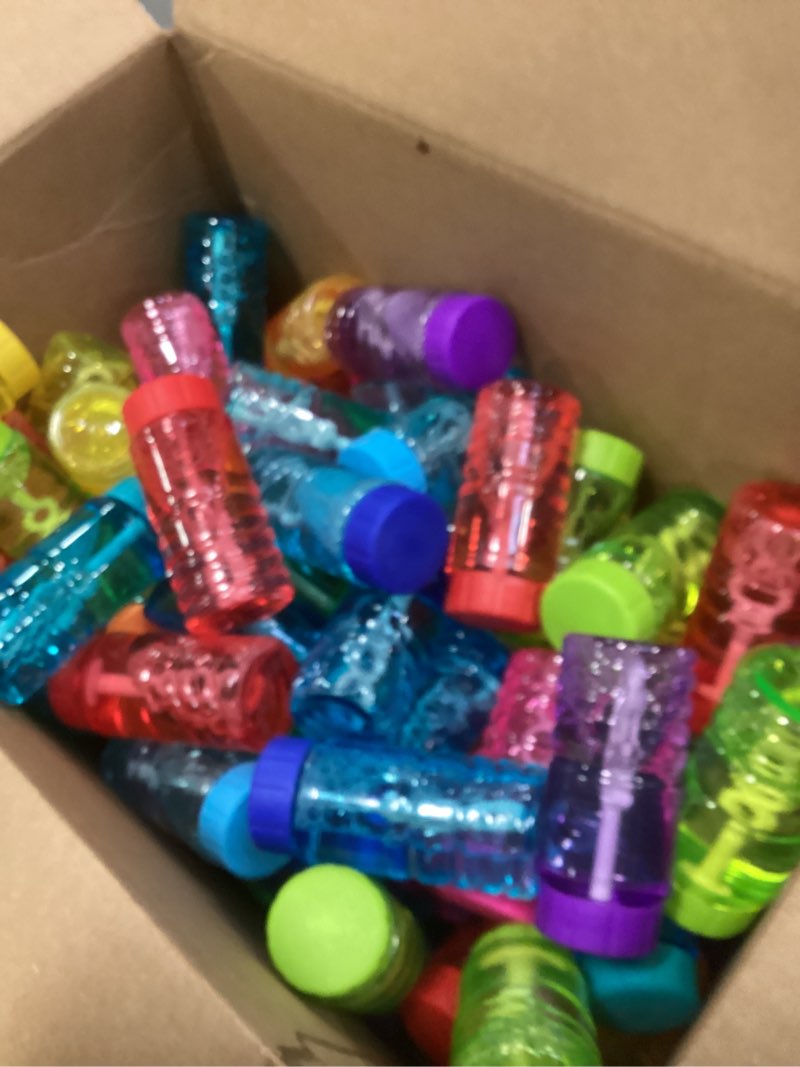 Condition photo showing Good Condition for 100 Pack 10 Neon Colors Bubble Bottles with Wand Attached to the Cap, Summer Bubble Solution Bulk Toy, Birthday Decor Gift Box, Party Favor Supplies for Kid, Carnival, Goody Bag Stuffer, Pinata Filler