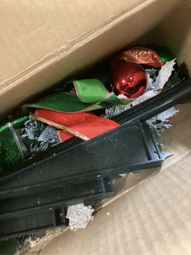 Condition photo showing Good Condition for VINGLI 6ft Pre Lit Pop Up Christmas Tree with 150 Lights, Fully Decorated Flocked Pencil Christmas Tree Pre Lit Collapsible Christmas Tree Holiday Party Decorations (Red&Green)