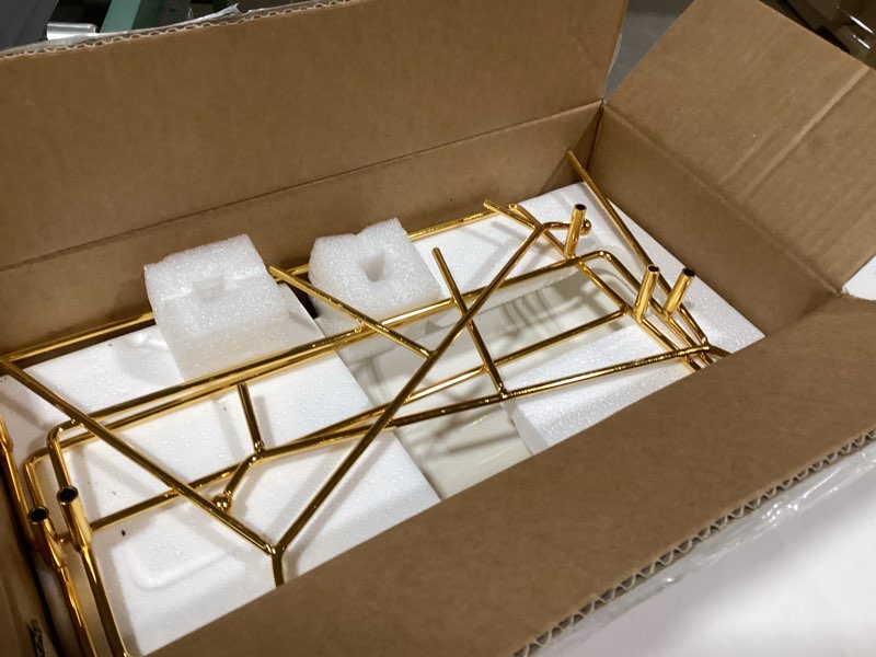 Condition photo showing As Is for MALACASA 3 Tier Serving Trays for Party, 14 Inch Porcelain White Trays for Serving Food, Dessert Stand with Collapsible Gold Metal Rack White Gold 14 Inch