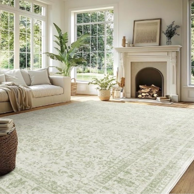 Sage Green Area Rugs Washable Rug for Living Room Bedroom, Faux Wool Soft No Slip Floral Boho Vintage Extra Large Carpet for Dining Room 9x12