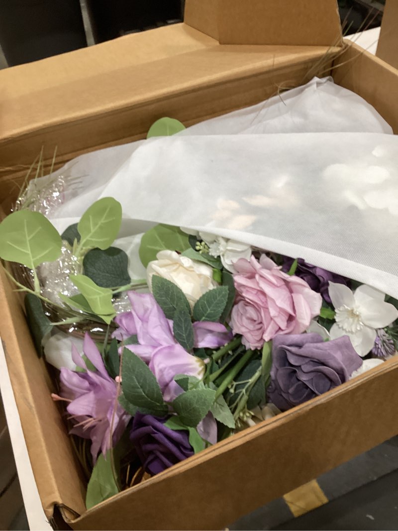 Condition photo showing As Is for ling's moment 17.5" tall standing artificial flowers arrangements 4 pcs wedding aisle runner chair decorations lilac & gold centerpieces for ceremony reception rose floral party outdoor decor pur-lilac & gold