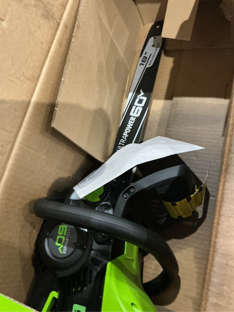 Condition photo showing As Is for greenworks pro bare tool 60-volt max lithium ion 18-inch gen2 brushless cordless electric chainsaw; battery and charger not included
