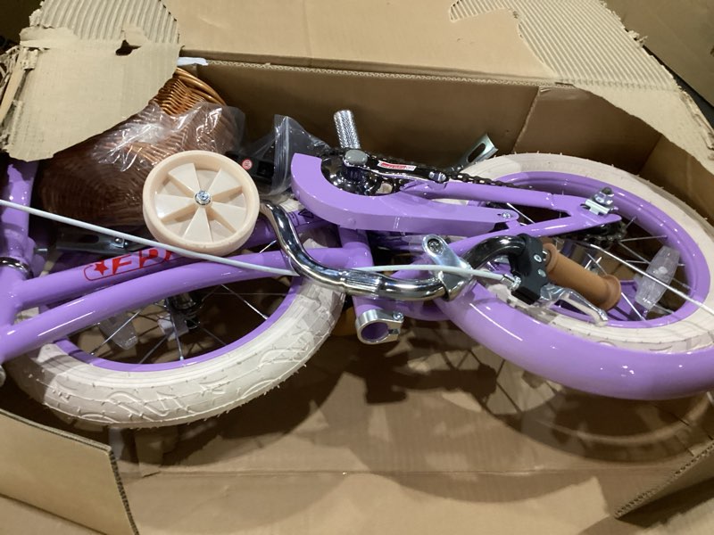 Condition photo showing As Is for aceger retro princess kids bike with basket for 3-12 years old girls, included coaster brake & caliper brake, 14 16 18 inch with training wheels, 20 inch with kickstand, vintage bicycle for gifts. purple 14 inch with training wheels