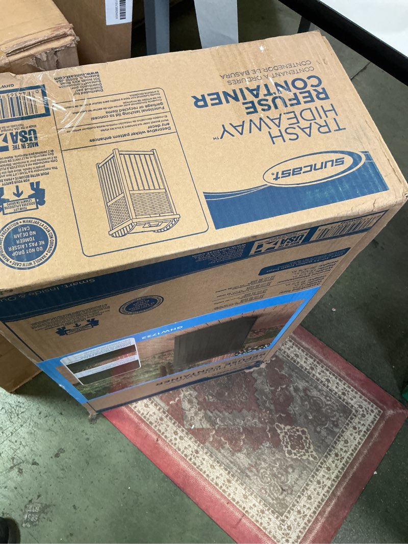 Condition photo showing Good Condition for Suncast 33 Gallon Commercial Outdoor Trashcan Hideaway with Lid for 30 to 33 Gallon Trash Bags for Garage, Backyard, or Garden, Brown