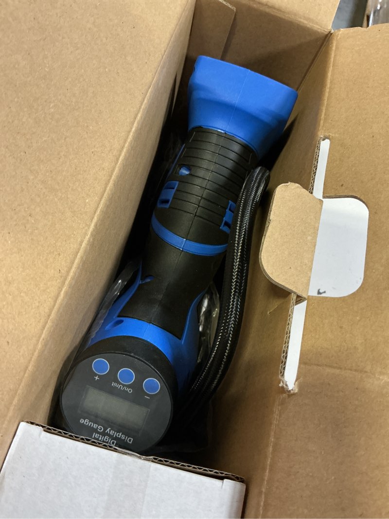 Condition photo showing Good Condition for avid power cordless tire inflator portable air compressor, 20v rechargeable battery powered car tire pump w/ 12v dc adapter, digital pressure gauge, air pump for car, bike, motorcycle, ball blue