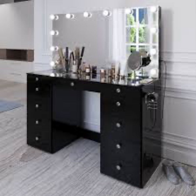(incomplete box 2/3)boahaus leonore extra-large makeup vanity, led lighted mirror, usb- c/usb outlet, 9 drawers and glass top