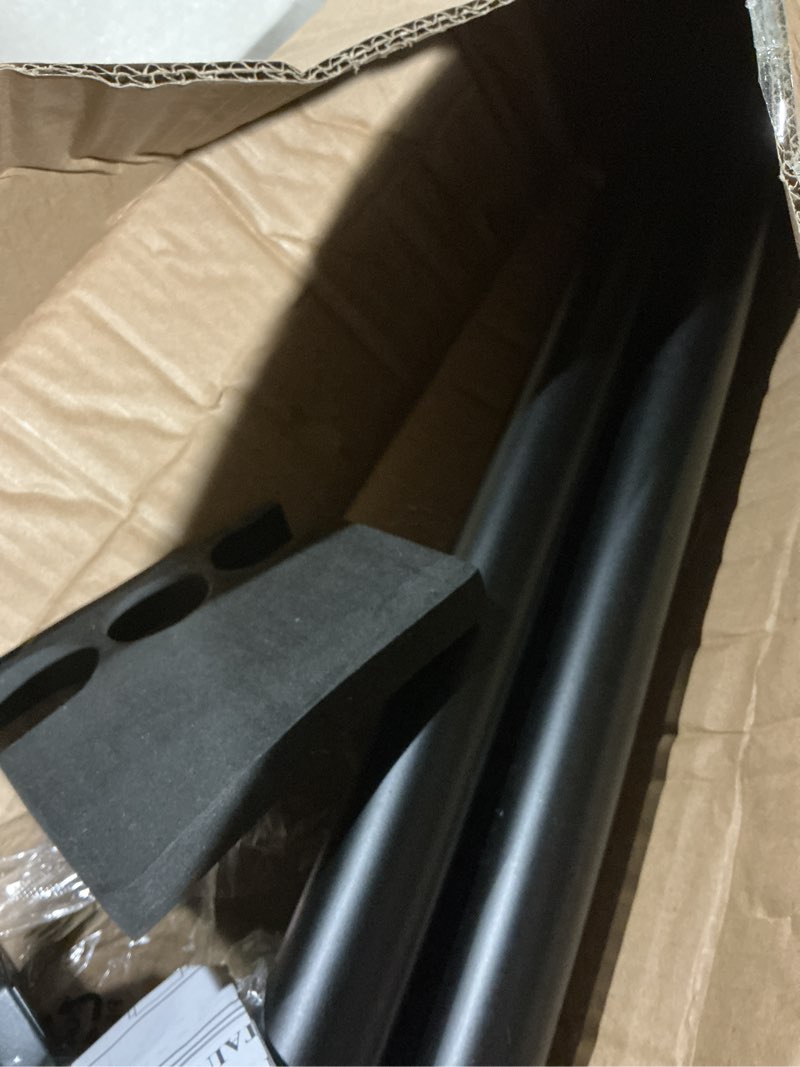 Condition photo showing As Is for heavy duty curtain rods,1 1/4" large diameter premium nonadjustable curtain rod,132in/11ft custom window treatment rods with durable aluminum brackets and end caps,black finish black 132in/11ft