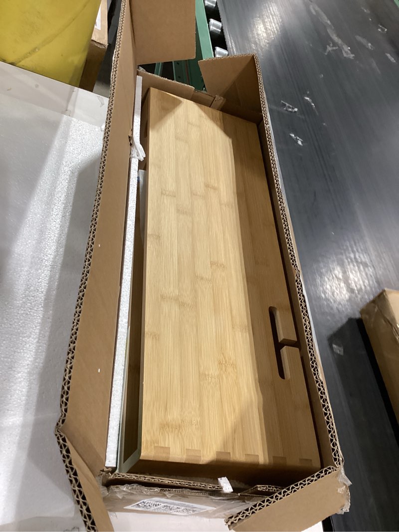 Condition photo showing Good Condition for bamboo monitor stand riser with drawer, ergonomic computer riser for desk with cable management & storage organizer, wood monitor stand for home office