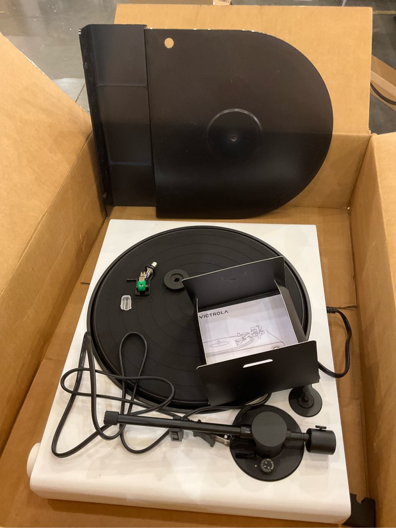 Condition photo showing As Is for Victrola Fully Automatic Bluetooth Turntable w Audio Technica ATN3600L Cartridge, Automatic Repeat Function, 2-Speed Vinyl Record Player, Wireless Bluetooth Streaming, Preamp & Aluminum Platter White White Contemporary