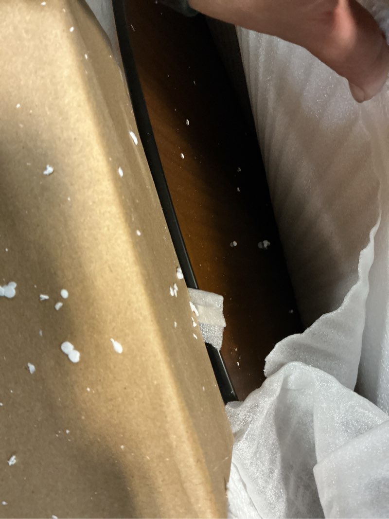 Condition photo showing Good Condition for Round Coffee Table, Modern Glass Coffee Table for Living Room, Unique White Center Table with Tempered Glass Top & Solid Wood Legs, Circle Amber Accent Table for Small Spaces White + Brown 31.5in