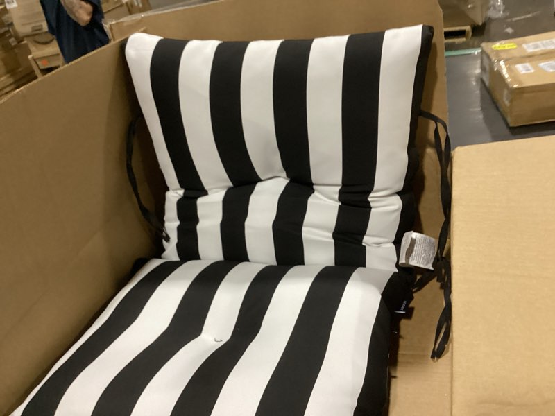 Condition photo showing Good Condition for arden outdoor foam deep seat cushion set 24x24, premium high-density foam, never flattens, weather-proof for patio chair sofa couch, black cabana stripe certi-pur foam black cabana stripe 4 pack