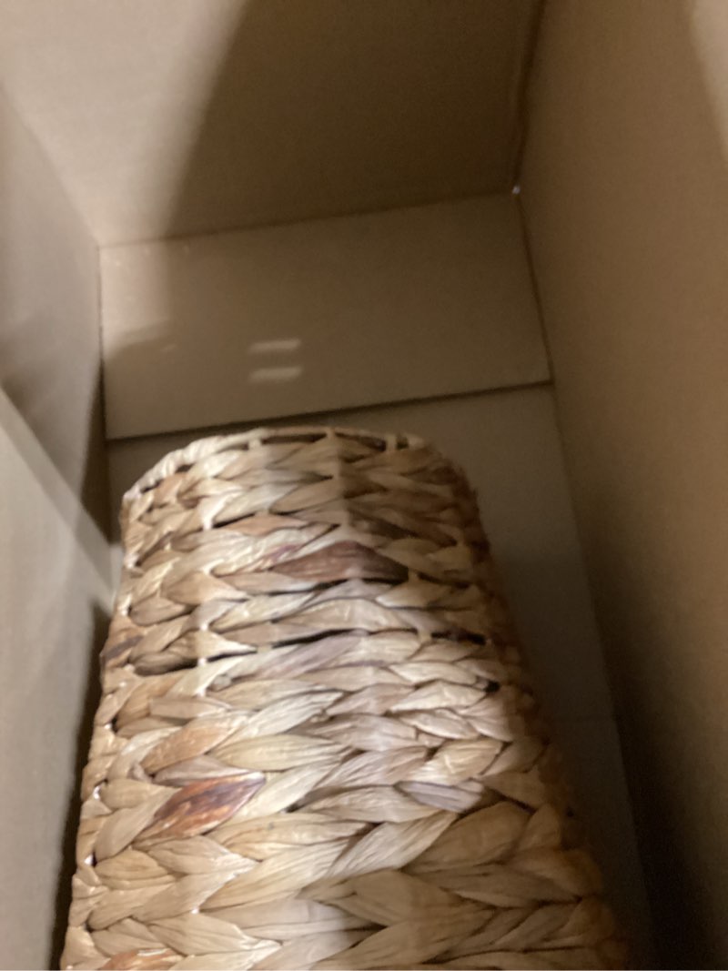 Condition photo showing Good Condition for Household Essentials Wicker Waste Basket, Woven Leaf Basket with Wire Frame, Trash Bin or Storage Basket for Bedroom, Bathroom, Office and More Stained Hyacinth Basket