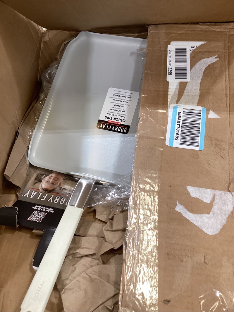 Condition photo showing As Is for greenpan x bobby flay 11” nonstick square griddle pan, pfas-free diamond ceramic stay-cool silicone handle, easy clean dishwasher & oven safe skillet, cream 11" square griddle pan cream