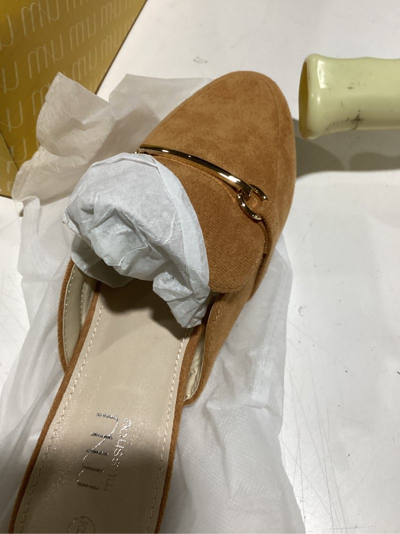 Condition photo showing Good Condition for MUSSHOE Mules for Woman Buckle Flats Comfortable Slip on Women Mules Flats Shoes Backless Loafers 9 Tan Suede